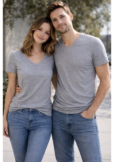 Bbbutikbasic Bay Bayan Unisex Kalıp V Yaka Basic Tişört M5469 Gri