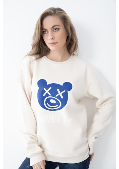 Kadın Bej Renk Baskılı Kapşonsuz Sweatshirt Bej