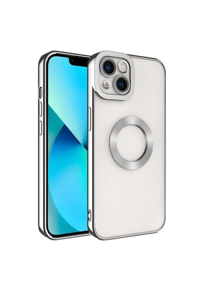 Apple Uyumlu iPhone 14 Kılıf Kamera Korumalı Logo Gösteren Zore Omega Kapak Gümüş