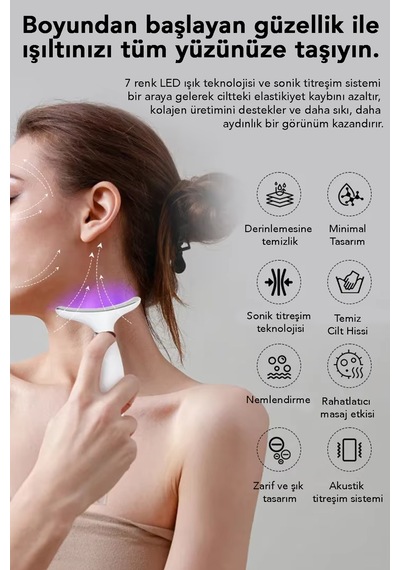 Boyun Ve Yüz Masaj Cihazı - 7 Modlu Led Işıklı Titreşimli Gıdık Sarkma Kırışıklık Güzellik Cihazı Beyaz