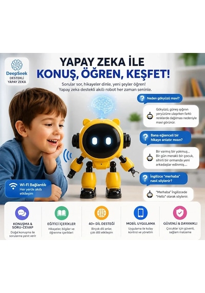 Yapay Zeka Robotu - Konuşan Robot Oyuncak - Wi-fi Uygulamalı - Çocuklar İçin Eğitici Oyuncak Çok Renkli
