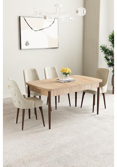 Clara Meşe Desen 80x132 Açılabilir Mdf Masa Yemek Odası Takımı,mutfak Takımı 4 Adet Sandalye Krem
