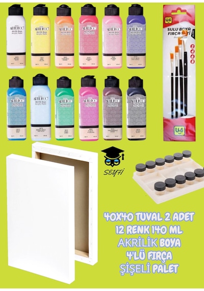 40x40 Tuval 2 Adet 12 Renk 140 Ml Akrilik Boya 4'lü Fırça Şişeli Palet