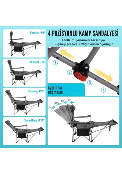 Kingcamp Wıllow Aerocomfort Lounge 4 Pozisyonlu Yatabilen Kamp Sandalyesi Gri - Siyah