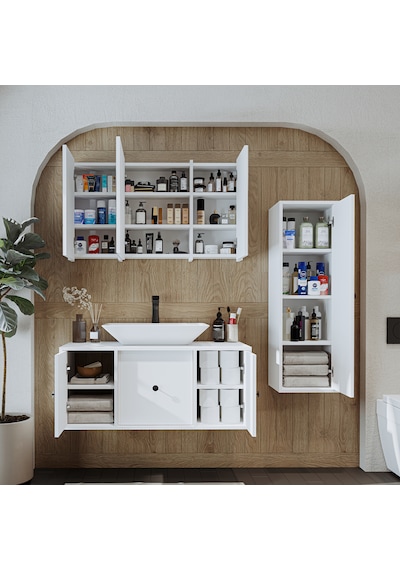 Çanak Lavabolu Mat Mdf 105 Cm Alt Dolabı + Aynalı Dolap Beyaz Mat Beyaz