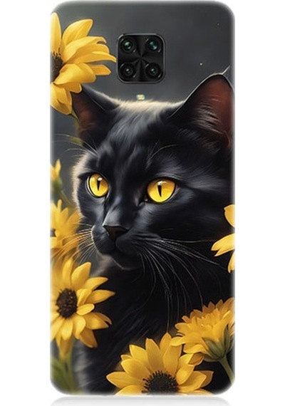 Xiaomi Redmi Note 9 Pro Uyumlu Sarı Çiçekler Ve Kara Kedi Desenli Silikon Kılıf