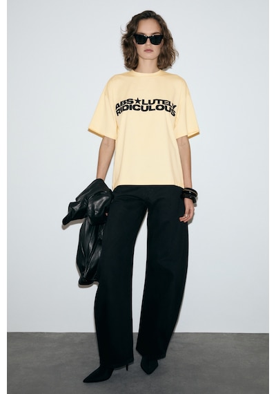Grımelange Tambeza Kadın %100 Pamuk Yumuşak Kumaşlı Baskı Detaylı Sarı T-shirt Sarı