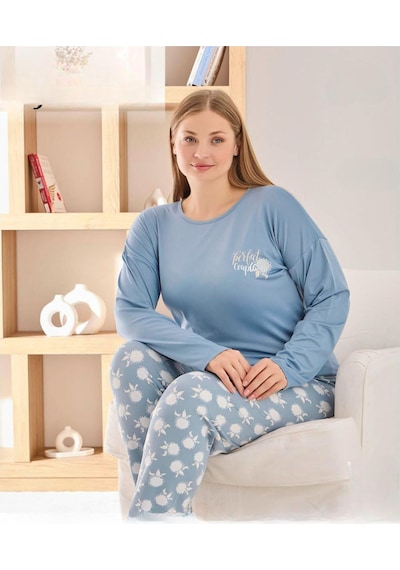Pijamoni Kadın Sofya Büyük Beden Bisiklet Yaka Uzun Kol İnce Pijama Takımı 8720/1- 1 Adet Mavi