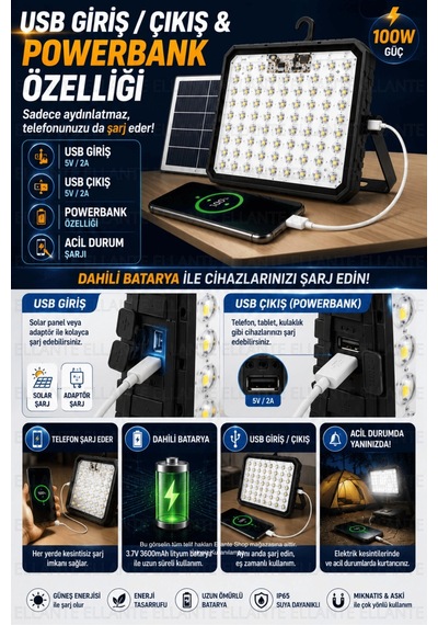 100w Solar Led Projektör Usb Powerbank Özellikli Şarjlı Kamp Lambası Ip65 Su Geçirmez Bahçe Ve Acil