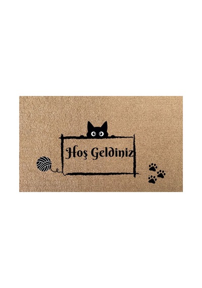 Eldione Kaymaz Tabanlı Baskılı Şık Kapı Önü Paspası 45x70 Cm Coco Hasır Görünümlü Velür Kedi Desenli Paspas Bej