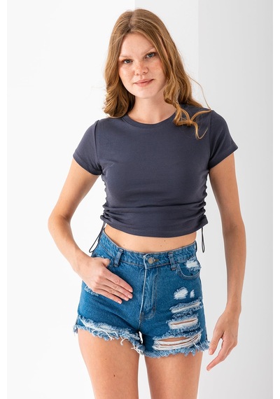 Giysa Kadın Bisiklet Yaka Yanı Stoperli Crop T-shirt Füme - 25514 Füme