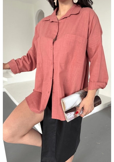 Paw Garage Kadın Harper Çift Cepli Oversize Keten Gömlek, 2025 Summer Collection Gül Kurusu