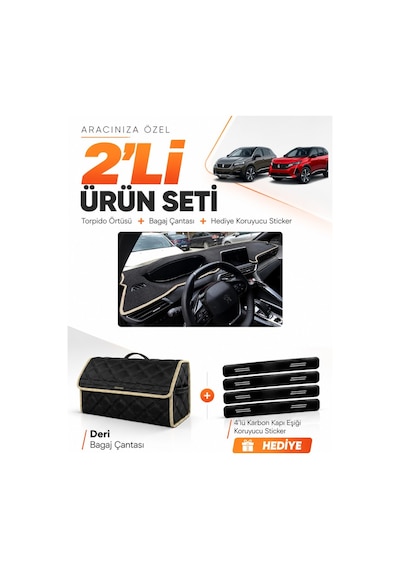 Peugeot 3008 2016-2023 Uyumlu Torpido Örtüsü + Deri Bagaj Çantası + Sticker Seti - Siyah Bej