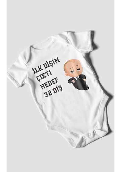 Morivokids İlk Dişim Çıktı Hedef 32 Diş Kısa Kollu Bebek Body Beyaz