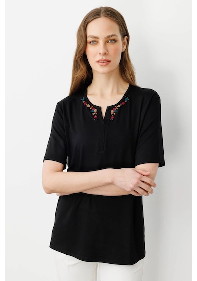 Desen Triko Kadın Açma Yaka Nakış İşlemeli T-shirt 25703 Siyah Siyah