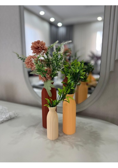 3 Lü Renkli Dekoratif Vazo Seti-şık Ve Estetik -minimalist Vazo Seti-minimal Masa-salon Aksesuarı Kahverengi Krem Şeftali