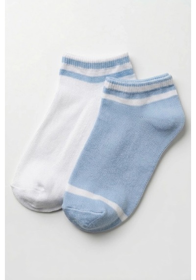 Cocole Socks Erkek Çocuk Patik Çorabı 2 Li Set Pamuklu Beyaz & Mavi Çizgi Detaylı Çok Renkli