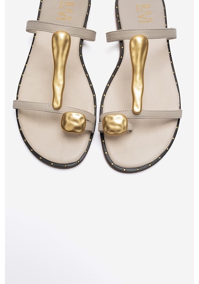 Luvishoes Tessa Ekru Hakiki Deri Gold Tokalı Kadın Parmak Arası Terlik