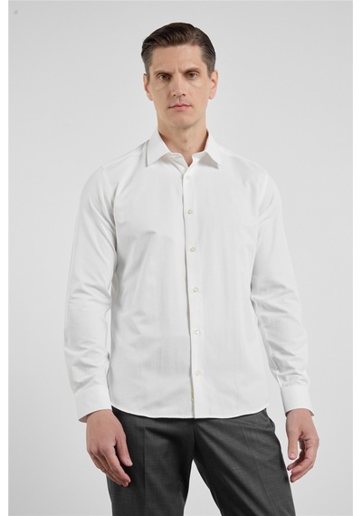 İmza Krem Sert Yaka Uzun Kol Cepsiz Slim Fit Pamuklu Gömlek 1004255913