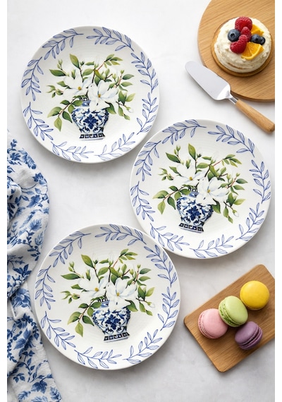 Grandora Vazo Ve Çiçek Desenli 6 Adet, 20 Cm Modern Pasta Tatlı Tabağı Seti Şık Kahvaltılık Tabak Beyaz Çiçekli