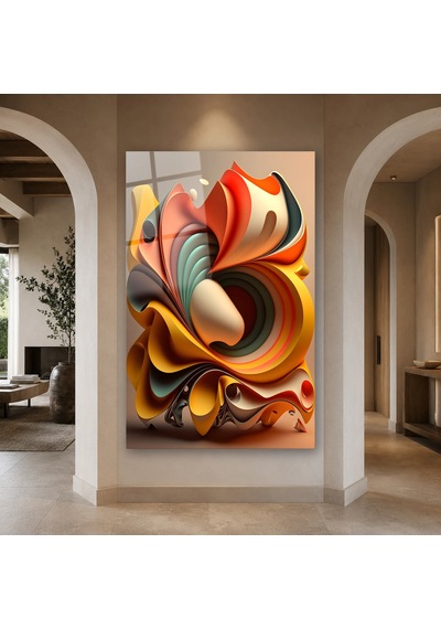 Turuncu Krem Katmanlı Akışkan Formlar Çerçevesiz Cam Tablo