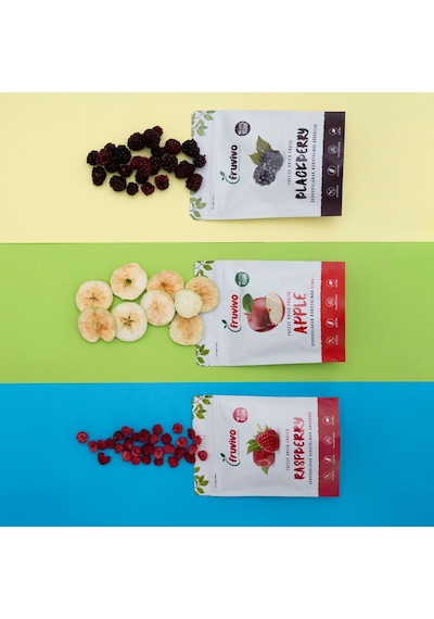 Fruvivo 3'lü Freeze Dry Paket - Böğürtlen + Elma + Ahududu - Dondurularak Kurutulmuş Meyve Cipsi Şeker İlavesiz %100 Doğal Vegan 60 G