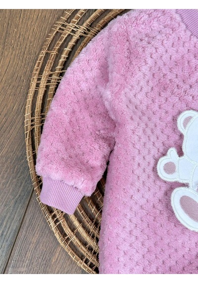 101 Dalmaçyalı Peluş Ayıcık Nakışlı Patikli Çıtçıtlı Kışlık Erkek Bebek Tulum Gül Kurusu