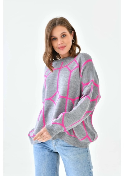 Park Karon Kadın Bisiklet Yaka Desenli Oversize Triko Kazak 224403 Gri