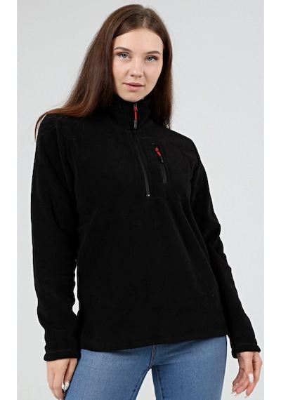 Genius Store Kadın Polar Yarım Fermuarlı Outdoor Cepli Spor Polar Siyah