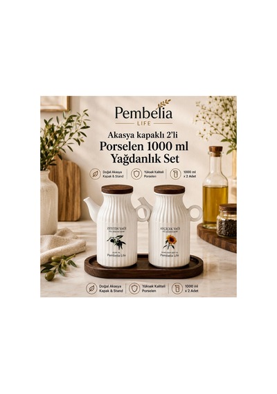Akasya Standlı 2 Li Porselen 1000 Ml Yağdanlık Seti Yağlık Sirkelik Takım Beyaz Beyaz