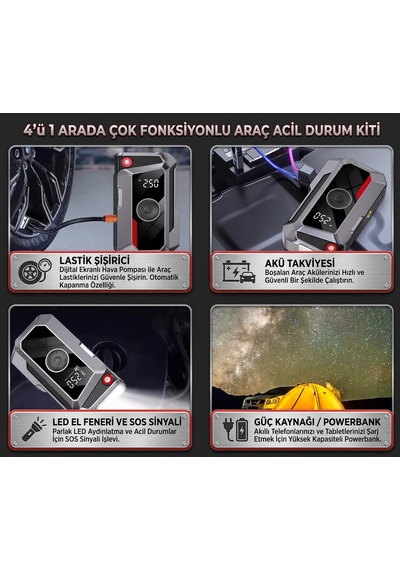 Oto Akü Takviye Cihazı & Dijital Lastik Şişirme Pompası Çantalı 10000 Mah Bataryalı