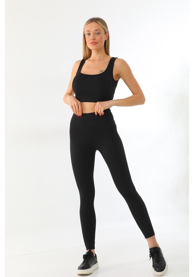 Kallima Siyah Toparlayıcı Yüksek Bel Fitilli Spor Tayt-crop Takım