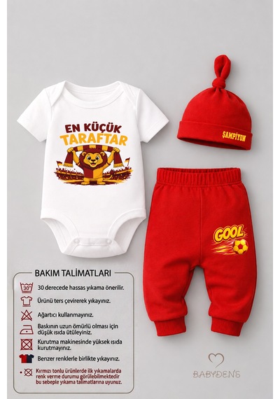 Babyden's %100 Pamuk Sarı Kırmızı En Küçük Taraftar Bebek Takımı 3'lü Kısa Kol Body,pantolon Ve Şapkalı Yenidoğan Seti 0-9 Ay Beyaz - Kırmızı