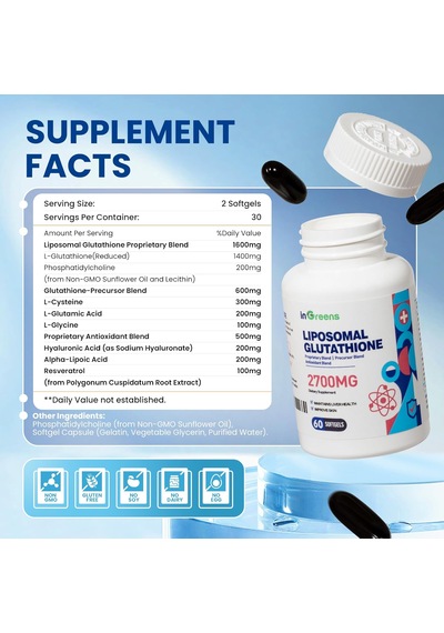 İngreens Liposomal Glutathione Phosphatidylcholine Glycine Resveratrol 2700 Mg 60 Softgels Aromasız