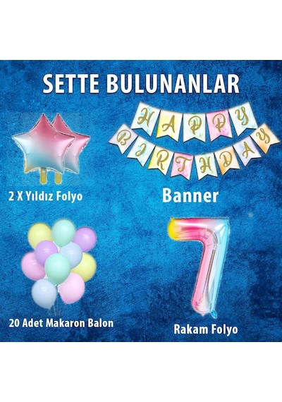Gökkuşağı Konsepti 7 Yaş Doğum Günü Parti Kutlama Seti Rakam Ve