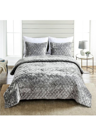 Evlen Home Kapitone Kadife Yatak Örtüsü Seti Çift Kişilik Supersoft 3 Parça Yumuşak Elyaf Dolgulu Gri Gri