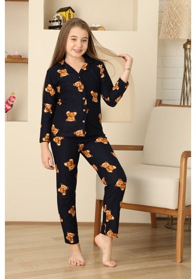 Kız Çocuk Pat Yakalı-ayıcık Baskılı Ve Düğme Kapamalı Pijama Takımı 12308 Lacıvert