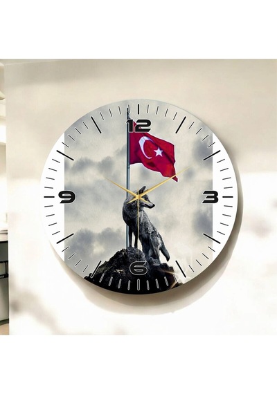 AA Shop Renkli Baskı Türk Bayrağı Ve Bozkurt Desenli Sayılı Hediyelik Ahşap Sessiz Duvar Saati 50cm ÇOk Renkli