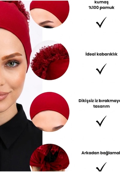 Alivascarf Fırfırlı Dikişsiz Penye Bone - Kadın Tesettür Bağlamalı Topuz İç Bone Bordo