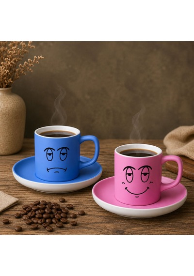 Bk Gift 2'li Mavi Ve Pembe Renkli Emoji Yüz Tasarımlı Seramik Türk Kahvesi Fincanı Takımı-3 Çok Renkli