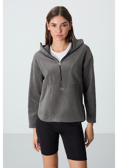 Tommy Life Koyu Gri Kalın Yumuşak Dokulu Kapüşonlu Oversize Nakışlı Polar Kadın Sweatshirt -97286 Koyu Gri