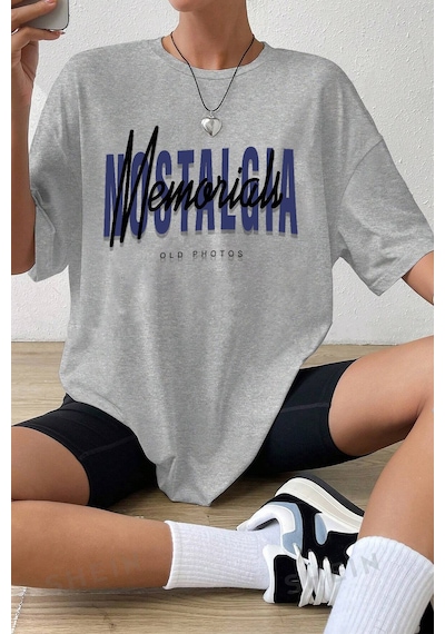 Unisex Nostalgia Baskılı Oversize Tshirt Gri