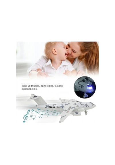 Metal Alaşım Işıklı Sesli Çek Bırak Askeri Kargo Uçağı - 22 Cm Büyük Boy Model Uçak