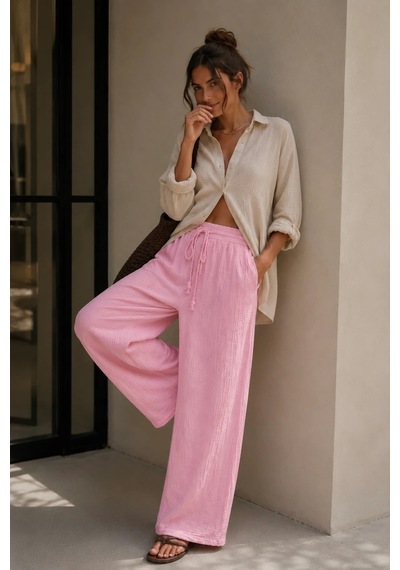Bbbutikbasic %100 Pamuk Müslin Kumaş Bol Paça Kadın Pantolon My3535 Pembe