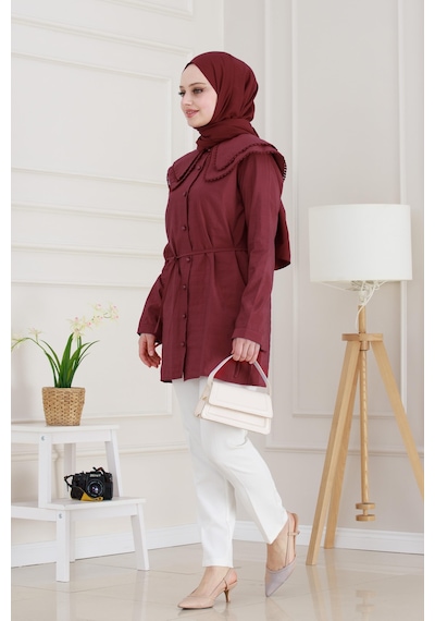 Sevitli Çift Yaka Dantelli Tunik-bordo-4982 Bordo