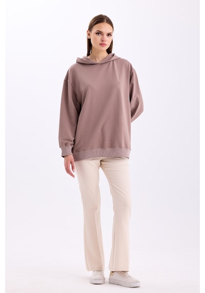 Pastelastore Pamuklu Kapüşonlu 2 İplik Baharlık Oversize Sweatshirt Vizon