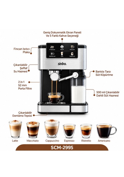 Siyah - Krom Espresso Kahve Makinesi 6 Farklı Kahve 1.5lt Su Hazne - 500ml Süt Hazne 1350w Scm-2995 5250