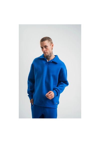 Erkek Açık Yakalı Oversize 3 İplik Pamuklu Sweatshirt - Mii Mavi