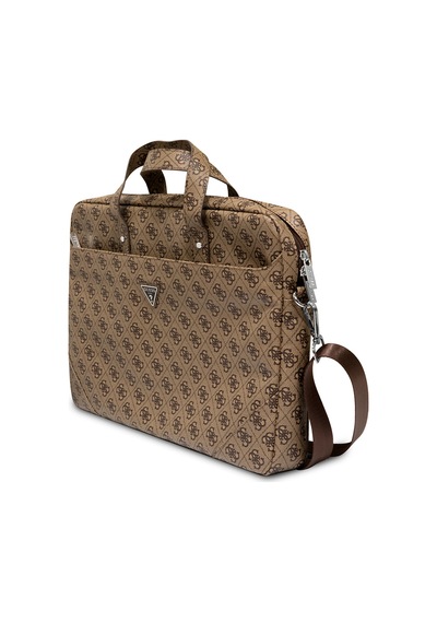 Guess 15-16 İnç Laptop Çantası Sıcak Damgalı 4g Desenli Üçgen Logolu Omuz Askılı Kahverengi