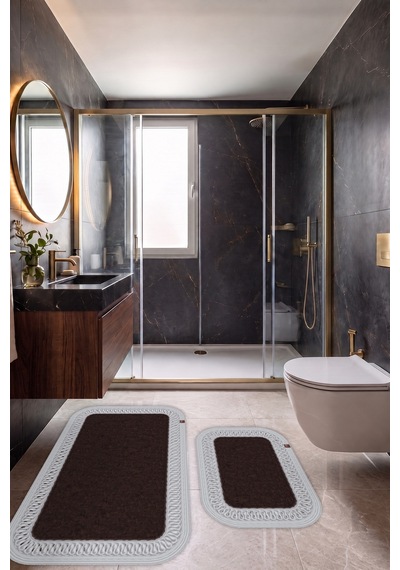 Banyo Paspası Takımı 70x110+50x70 Cm İç Trikot Acı Kahve & Gümüş Gri